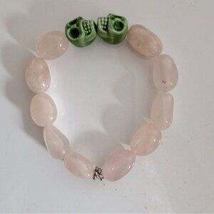 Twin Flame Soulmate Heart Chakra Skull Rose Quartz Crystals Stretch Bracelet